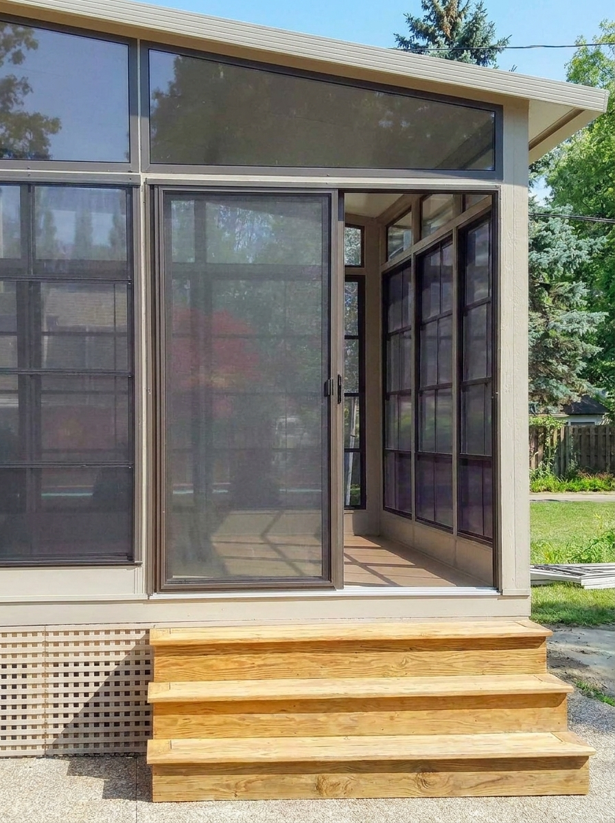 vinyl sunroom overlooking a garden with full fiberglass mesh screens to keep biting flies and mosquitoes outside