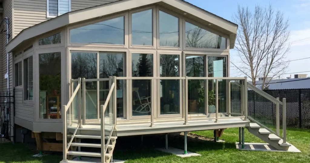Glass sunroom with beige aluminum frames attached to a two-story home