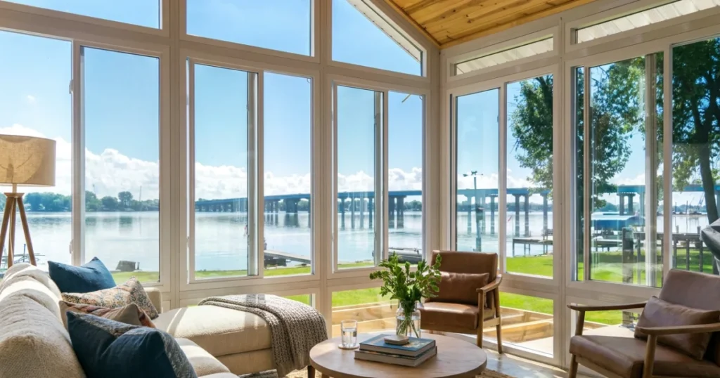Bright 3-season glass sunroom overlooking a Sussex County waterfront