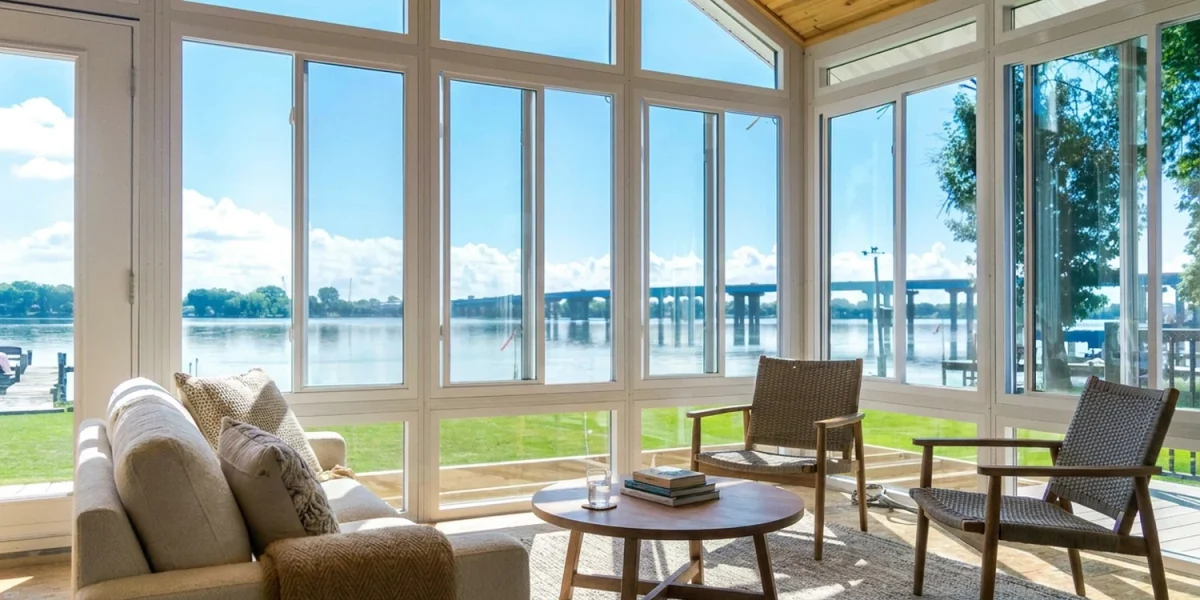 Cathedral-ceiling glass sunroom with seating and views across the water