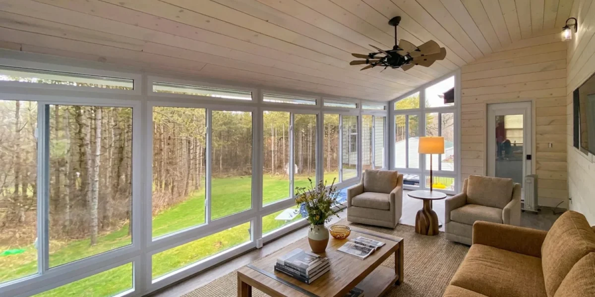 Bright glass sunroom with a ceiling fan and windows along two walls