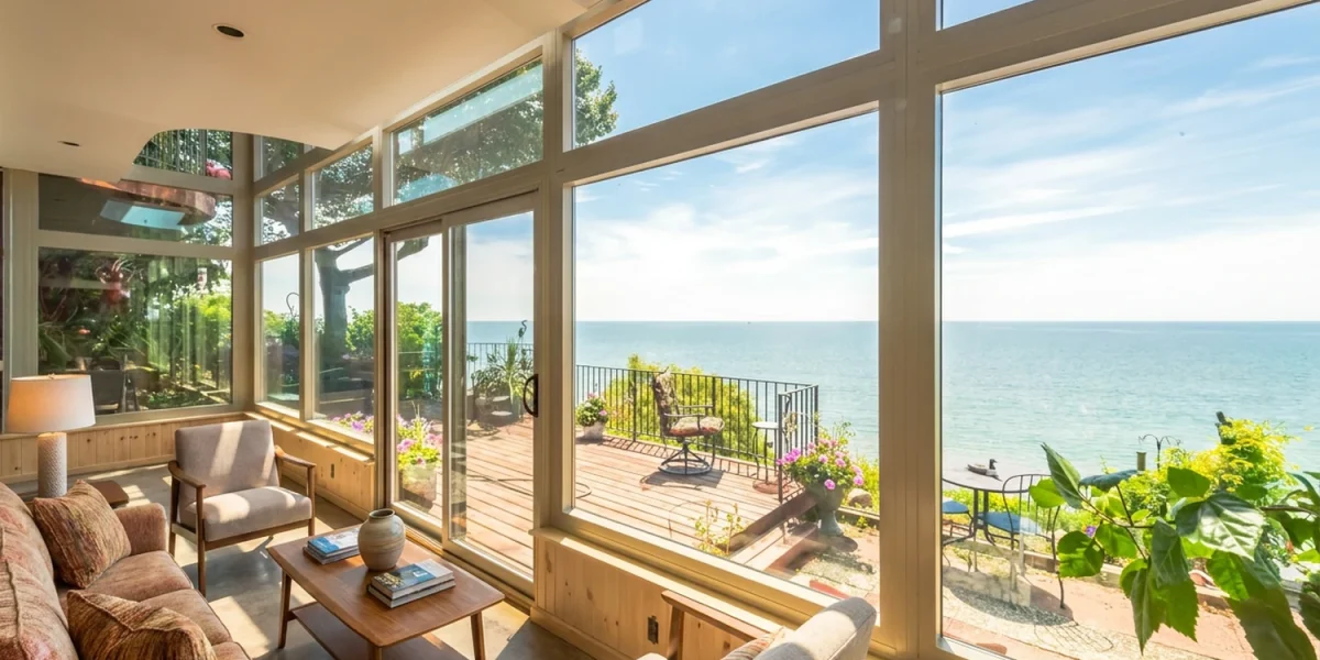 Bright glass sunroom interior with seating and a wide waterfront view