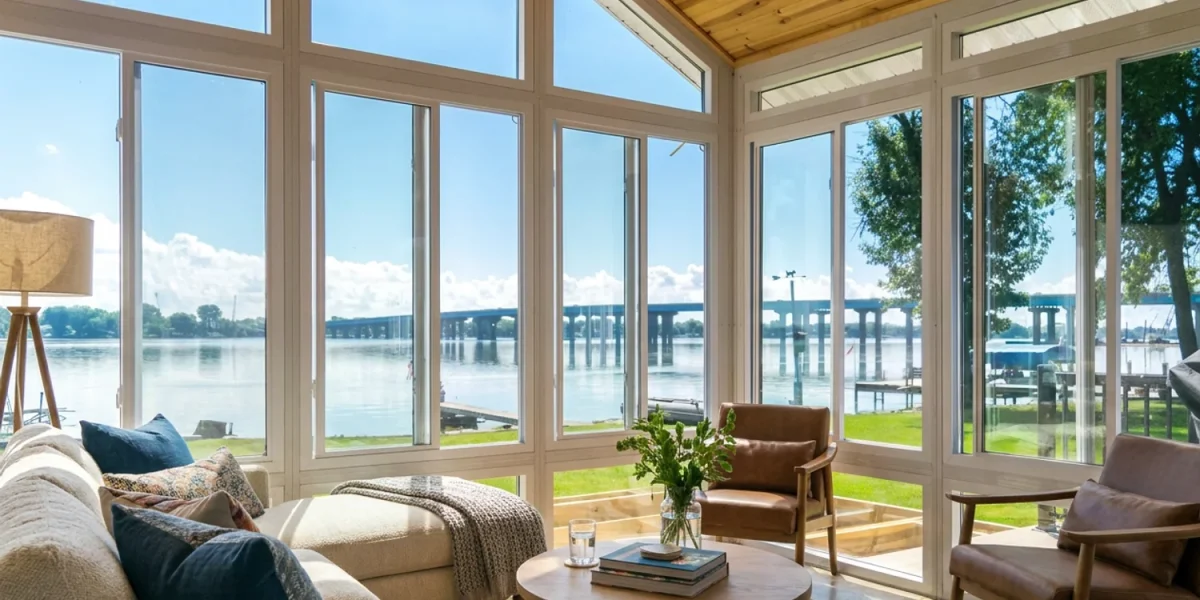 Bright enclosed sunroom with floor-to-ceiling windows overlooking the water