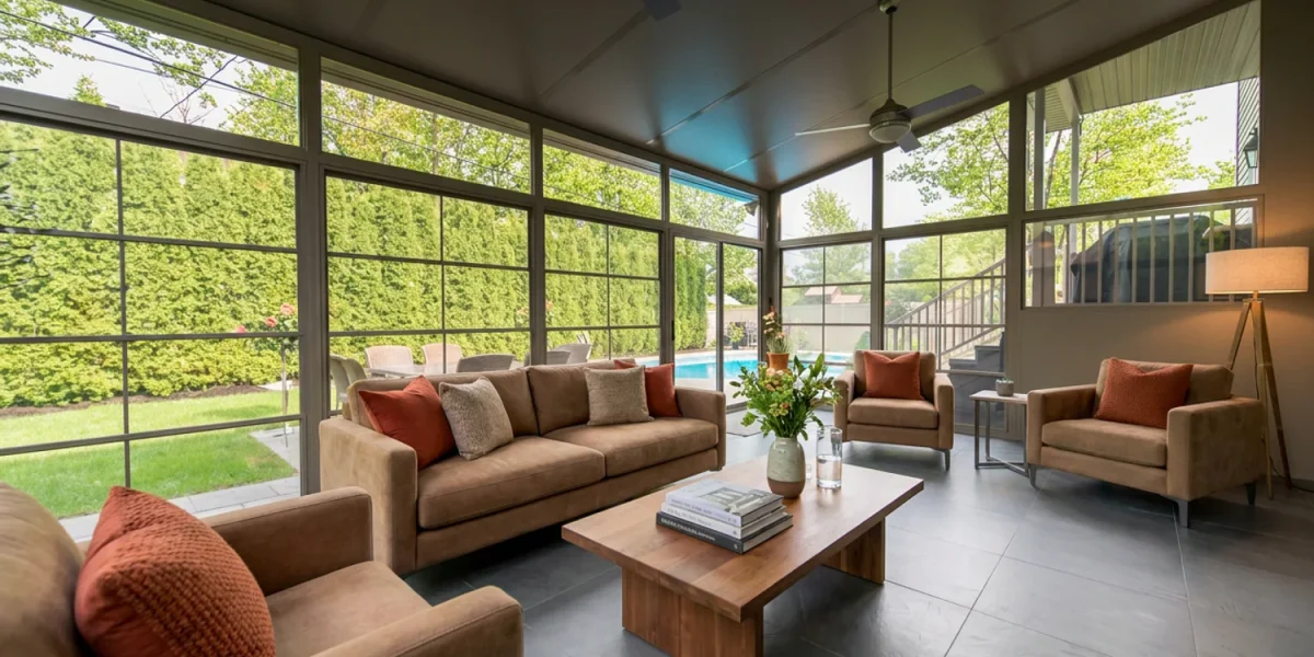 Two ceiling fans circulating air through a screened sunroom