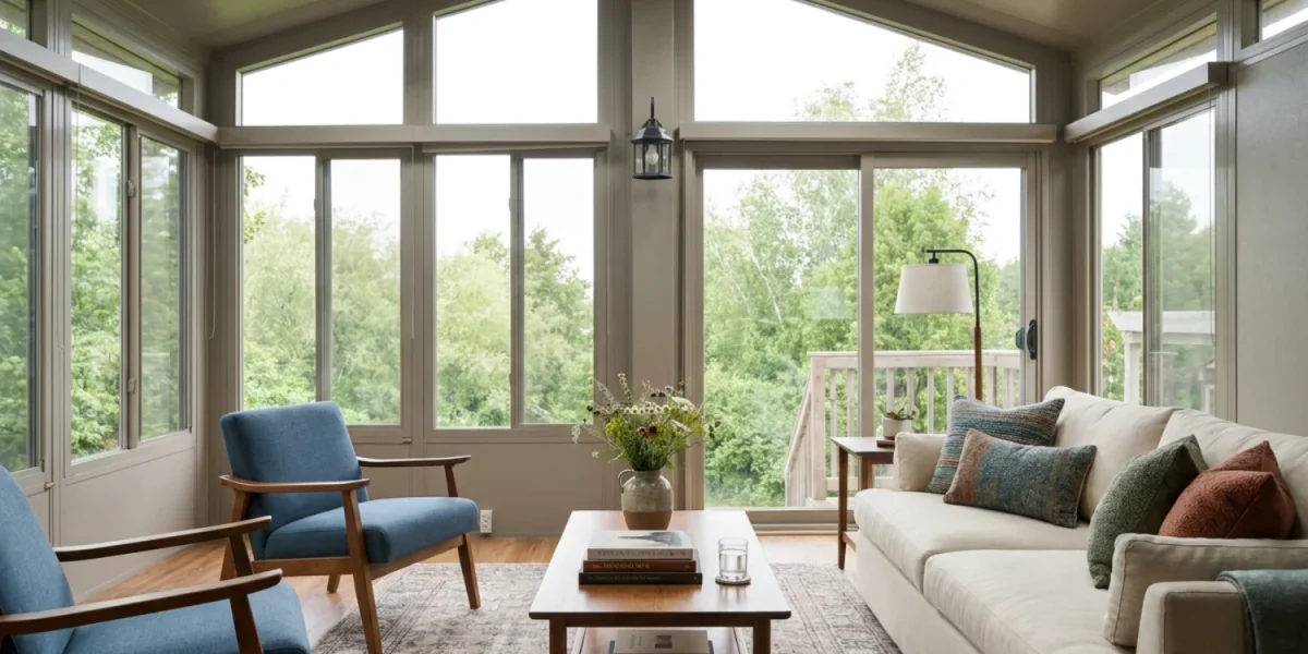 Bright sunroom interior with floor-to-ceiling glass, skylights, and seating