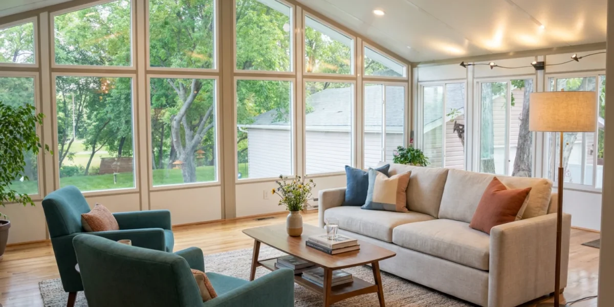 Furnished sunroom with large glass walls, ceiling fan, and wood flooring
